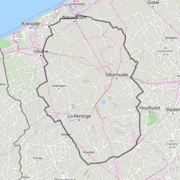 Karten-Miniaturansicht der Radinspiration "Oostduinkerke nach Wulpen Radtour" in Prov. West-Vlaanderen, Belgium. Erstellt vom Tarmacs.app-Routenplaner für Radtouren