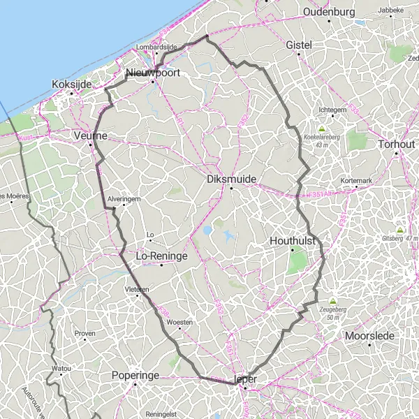 Miniature de la carte de l'inspiration cycliste "Le Tour des Fermes et Châteaux" dans la Prov. West-Vlaanderen, Belgium. Générée par le planificateur d'itinéraire cycliste Tarmacs.app