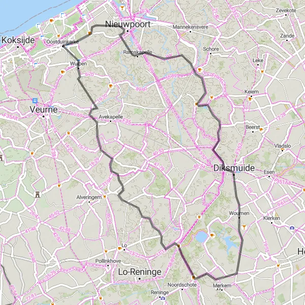 Map miniature of "Historic Villages Ride" cycling inspiration in Prov. West-Vlaanderen, Belgium. Generated by Tarmacs.app cycling route planner