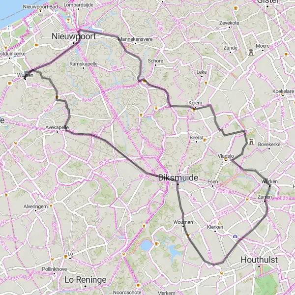 Map miniature of "Oostduinkerke Schoorbakkehoeve Loop" cycling inspiration in Prov. West-Vlaanderen, Belgium. Generated by Tarmacs.app cycling route planner