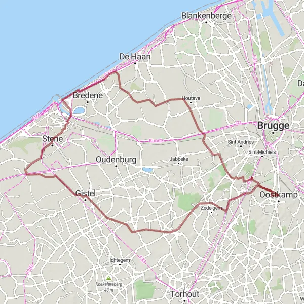 Miniature de la carte de l'inspiration cycliste "Parcours de gravier à explorer autour de Oostkamp" dans la Prov. West-Vlaanderen, Belgium. Générée par le planificateur d'itinéraire cycliste Tarmacs.app