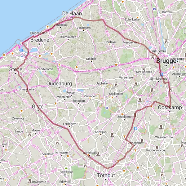 Map miniature of "Loppem to Godshuis De Moor Gravel Expedition" cycling inspiration in Prov. West-Vlaanderen, Belgium. Generated by Tarmacs.app cycling route planner