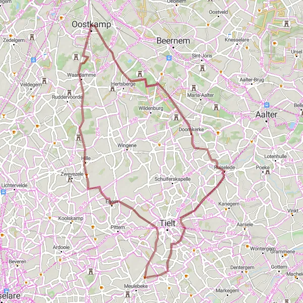 Map miniature of "Doomkerke to Kasteel Nieuwburg Gravel Adventure" cycling inspiration in Prov. West-Vlaanderen, Belgium. Generated by Tarmacs.app cycling route planner