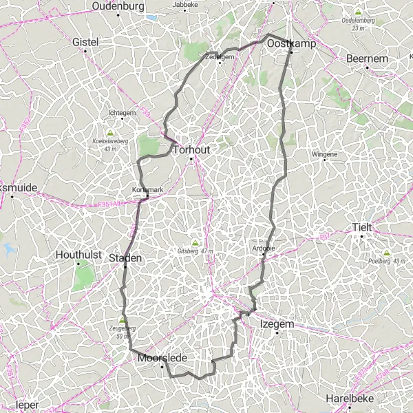 Miniature de la carte de l'inspiration cycliste "Balade à vélo de route autour de Oostkamp" dans la Prov. West-Vlaanderen, Belgium. Générée par le planificateur d'itinéraire cycliste Tarmacs.app