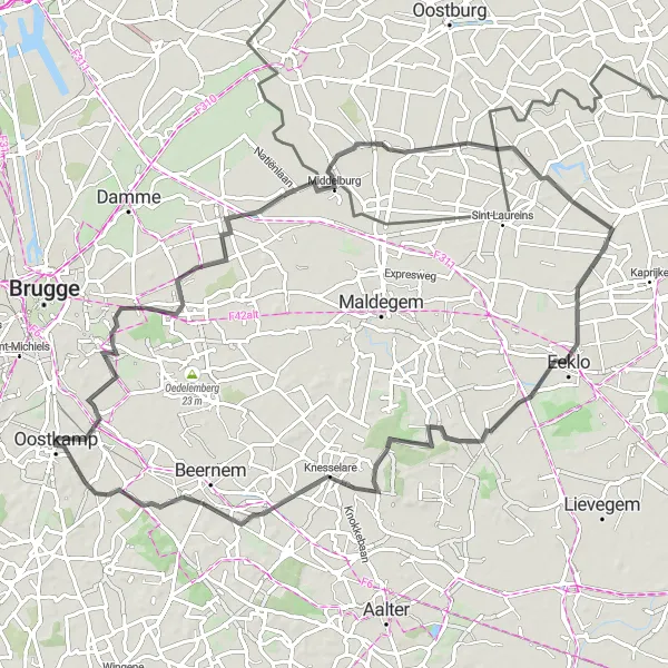 Miniatuurkaart van de fietsinspiratie "Wegroute door West-Vlaanderen" in Prov. West-Vlaanderen, Belgium. Gemaakt door de Tarmacs.app fietsrouteplanner