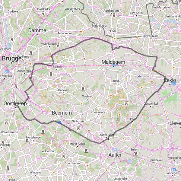 Map miniature of "Moerbrugge to Ursel Castle Road Loop" cycling inspiration in Prov. West-Vlaanderen, Belgium. Generated by Tarmacs.app cycling route planner