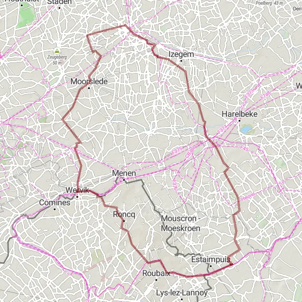 Miniatuurkaart van de fietsinspiratie "Slingerend door West-Vlaanderen" in Prov. West-Vlaanderen, Belgium. Gemaakt door de Tarmacs.app fietsrouteplanner