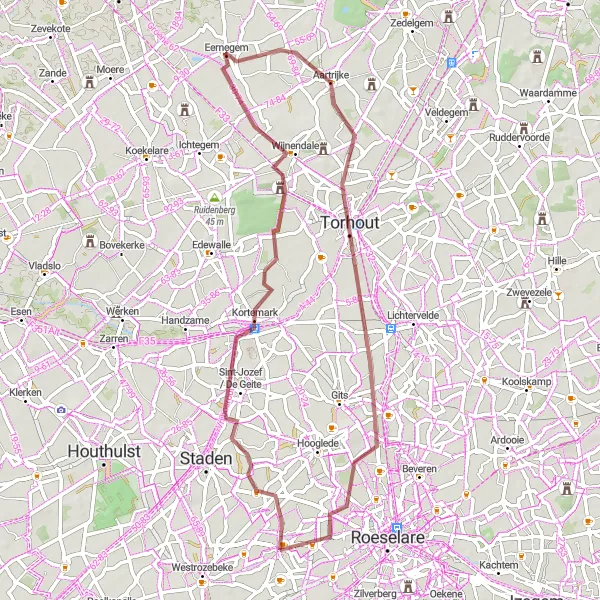 Karten-Miniaturansicht der Radinspiration "Gravelabenteuer durch Kortemark und Torhout" in Prov. West-Vlaanderen, Belgium. Erstellt vom Tarmacs.app-Routenplaner für Radtouren