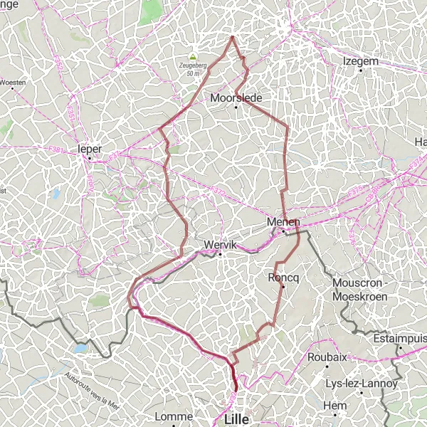 Map miniature of "Scenic Gravel Route via Ledegem and Zonnebeke" cycling inspiration in Prov. West-Vlaanderen, Belgium. Generated by Tarmacs.app cycling route planner