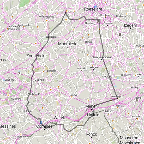 Map miniature of "Castles and Landscapes" cycling inspiration in Prov. West-Vlaanderen, Belgium. Generated by Tarmacs.app cycling route planner