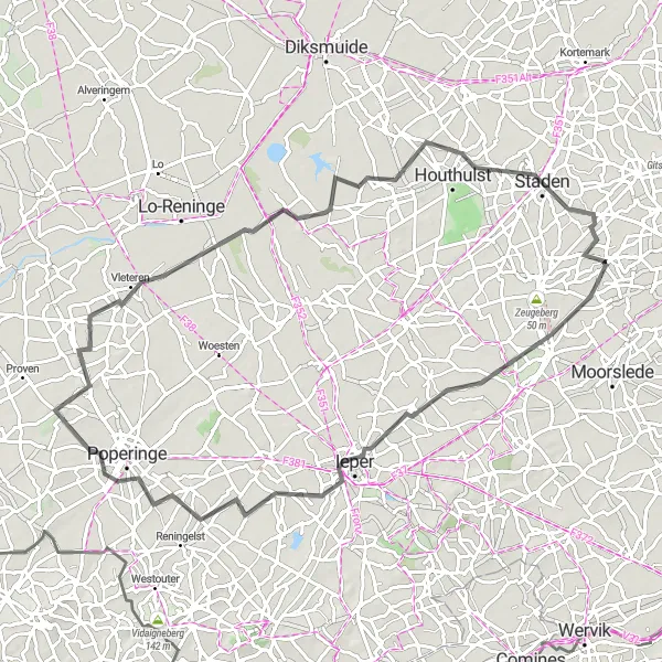 Karten-Miniaturansicht der Radinspiration "Rundtour von Oostnieuwkerke nach Ypres" in Prov. West-Vlaanderen, Belgium. Erstellt vom Tarmacs.app-Routenplaner für Radtouren