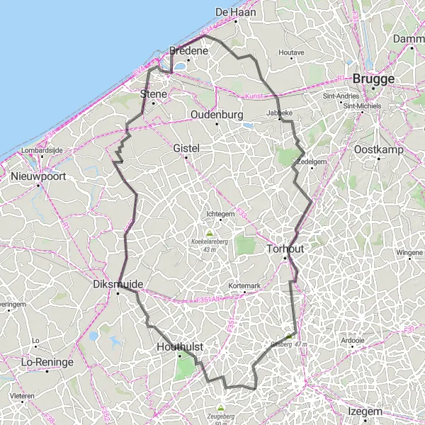 Map miniature of "Picturesque Road Ride through Houthulst and Bredene" cycling inspiration in Prov. West-Vlaanderen, Belgium. Generated by Tarmacs.app cycling route planner