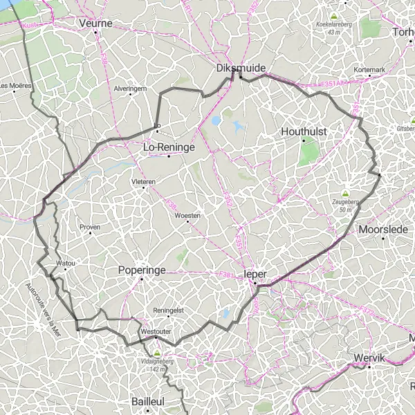 Map miniature of "The Battlefields Tour" cycling inspiration in Prov. West-Vlaanderen, Belgium. Generated by Tarmacs.app cycling route planner