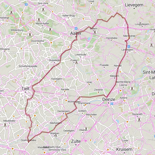 Map miniature of "Scenic Gravel Ride around Oostrozebeke" cycling inspiration in Prov. West-Vlaanderen, Belgium. Generated by Tarmacs.app cycling route planner