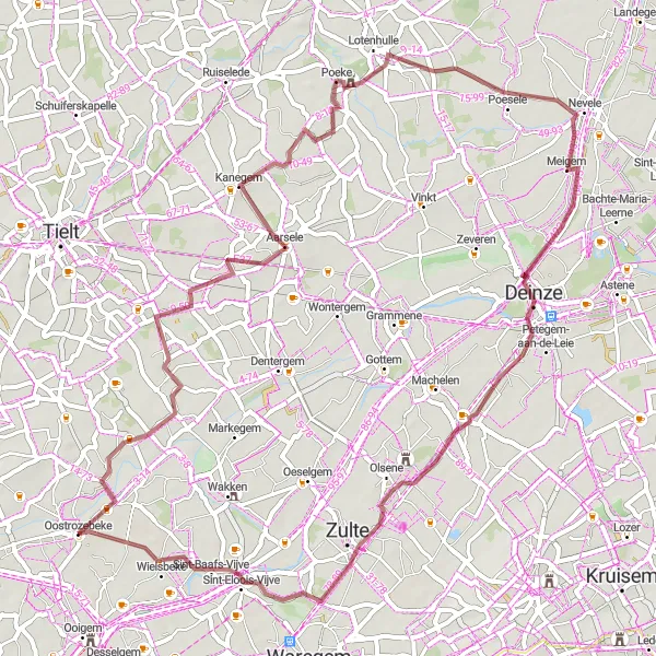 Miniature de la carte de l'inspiration cycliste "Chemin Gravel de la Campagne Flamande" dans la Prov. West-Vlaanderen, Belgium. Générée par le planificateur d'itinéraire cycliste Tarmacs.app