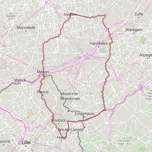 Miniatuurkaart van de fietsinspiratie "Gravelroute Oostrozebeke - Ooigem - Geitenberg - Kooigem - Lannoy - Halluin - Stadspark "Bois de Boulogne" - Bosmolens" in Prov. West-Vlaanderen, Belgium. Gemaakt door de Tarmacs.app fietsrouteplanner