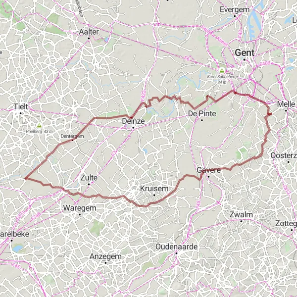 Miniatuurkaart van de fietsinspiratie "Gravelroute Oostrozebeke - Wontergem - Sint-Martens-Leerne - Kasteel Grand Noble - Munte - Wannegem" in Prov. West-Vlaanderen, Belgium. Gemaakt door de Tarmacs.app fietsrouteplanner