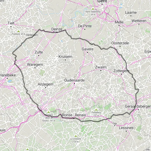 Map miniature of "Oostrozebeke to Amougies Road Route" cycling inspiration in Prov. West-Vlaanderen, Belgium. Generated by Tarmacs.app cycling route planner