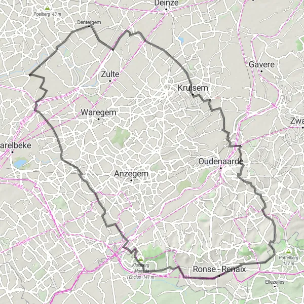 Map miniature of "Oostrozebeke to Mont-de-l'Enclus Road Route" cycling inspiration in Prov. West-Vlaanderen, Belgium. Generated by Tarmacs.app cycling route planner