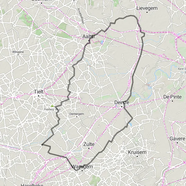 Miniatuurkaart van de fietsinspiratie "Wegfietsroute Oostrozebeke - Poelberg - Kanegem - Aalter - Deinze - Waregem" in Prov. West-Vlaanderen, Belgium. Gemaakt door de Tarmacs.app fietsrouteplanner