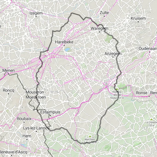 Map miniature of "Challenging Road Cycling Circuit near Oostrozebeke" cycling inspiration in Prov. West-Vlaanderen, Belgium. Generated by Tarmacs.app cycling route planner