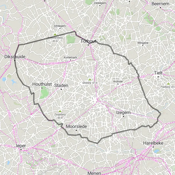 Karten-Miniaturansicht der Radinspiration "Rundfahrt von Oostrozebeke nach Meulebeke" in Prov. West-Vlaanderen, Belgium. Erstellt vom Tarmacs.app-Routenplaner für Radtouren