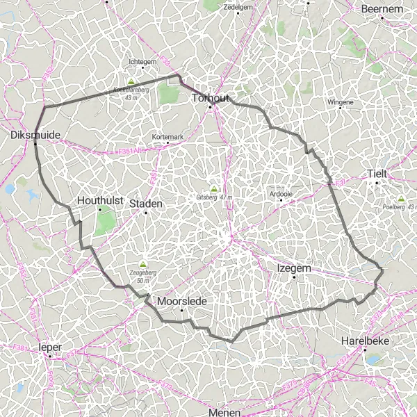 Map miniature of "Oostrozebeke and Beyond: Scenic Road Cycling Route" cycling inspiration in Prov. West-Vlaanderen, Belgium. Generated by Tarmacs.app cycling route planner