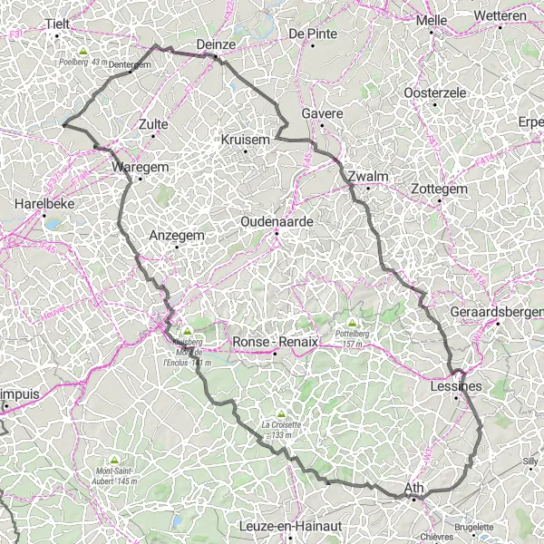 Miniatuurkaart van de fietsinspiratie "Wegfietsroute Oostrozebeke - Wontergem - Zingem - Sint-Blasius-Boekel - Tenbosse - Ollignies - Houtaing - Orroir - Wielsbeke" in Prov. West-Vlaanderen, Belgium. Gemaakt door de Tarmacs.app fietsrouteplanner