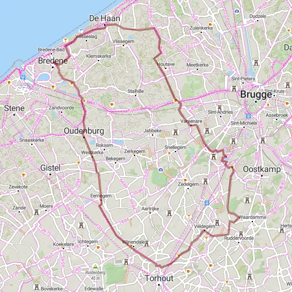 Map miniature of "Challenge on the Gravel Tracks" cycling inspiration in Prov. West-Vlaanderen, Belgium. Generated by Tarmacs.app cycling route planner