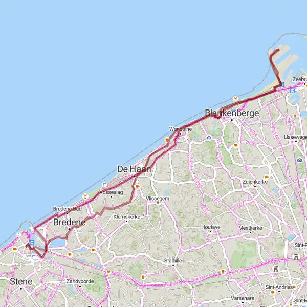 Miniature de la carte de l'inspiration cycliste "Tour gravier à travers la côte flamande" dans la Prov. West-Vlaanderen, Belgium. Générée par le planificateur d'itinéraire cycliste Tarmacs.app