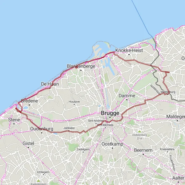 Map miniature of "Coastal Gravel Exploration" cycling inspiration in Prov. West-Vlaanderen, Belgium. Generated by Tarmacs.app cycling route planner