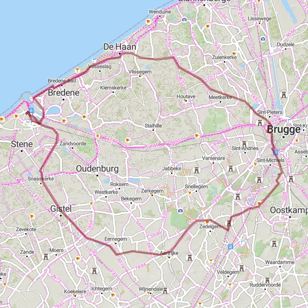 Miniature de la carte de l'inspiration cycliste "Boucle gravel à travers la côte ouest flamande" dans la Prov. West-Vlaanderen, Belgium. Générée par le planificateur d'itinéraire cycliste Tarmacs.app