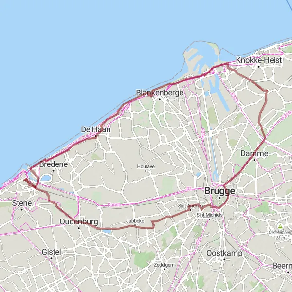 Miniature de la carte de l'inspiration cycliste "Parcours Gravier - Vuurtoren/uitkijktoren à Bloemenhorloge" dans la Prov. West-Vlaanderen, Belgium. Générée par le planificateur d'itinéraire cycliste Tarmacs.app