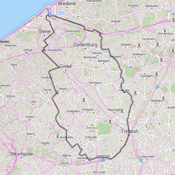 Miniature de la carte de l'inspiration cycliste "Parcours rural à travers l'ouest flamand" dans la Prov. West-Vlaanderen, Belgium. Générée par le planificateur d'itinéraire cycliste Tarmacs.app