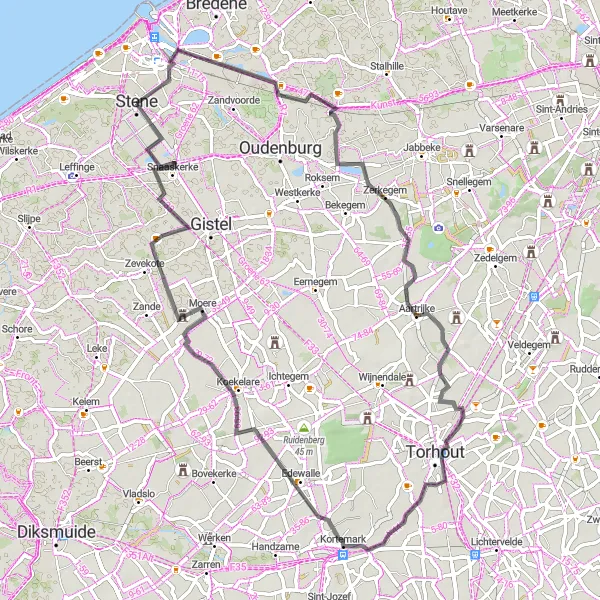Miniatuurkaart van de fietsinspiratie "Rit door het platteland van Kortemark" in Prov. West-Vlaanderen, Belgium. Gemaakt door de Tarmacs.app fietsrouteplanner