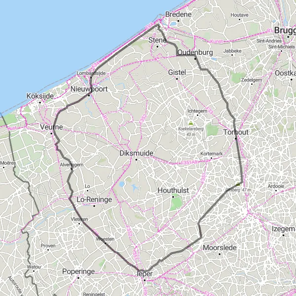 Miniature de la carte de l'inspiration cycliste "Circuit panoramique de l'ouest flamand" dans la Prov. West-Vlaanderen, Belgium. Générée par le planificateur d'itinéraire cycliste Tarmacs.app