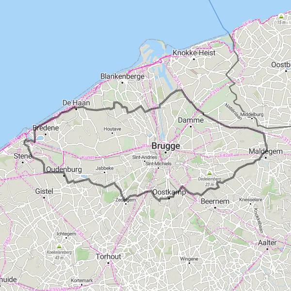 Karten-Miniaturansicht der Radinspiration "Road Tour von Ostend nach Bloemenhorloge" in Prov. West-Vlaanderen, Belgium. Erstellt vom Tarmacs.app-Routenplaner für Radtouren