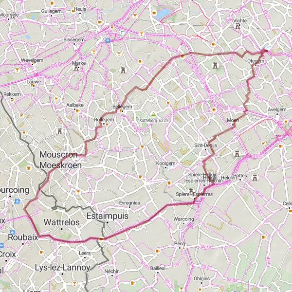 Karten-Miniaturansicht der Radinspiration "Rundfahrt von Otegem nach Zwevegem und zurück" in Prov. West-Vlaanderen, Belgium. Erstellt vom Tarmacs.app-Routenplaner für Radtouren