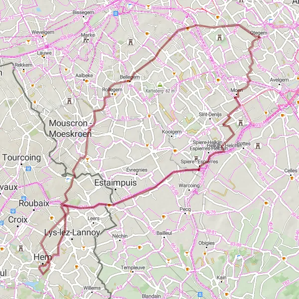 Map miniature of "Otegem Gravel Loop" cycling inspiration in Prov. West-Vlaanderen, Belgium. Generated by Tarmacs.app cycling route planner