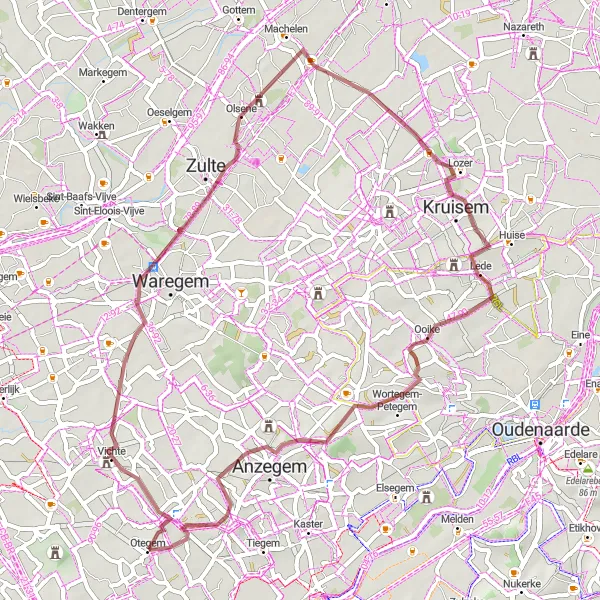 Miniature de la carte de l'inspiration cycliste "Exploration des collines flamandes en gravel" dans la Prov. West-Vlaanderen, Belgium. Générée par le planificateur d'itinéraire cycliste Tarmacs.app