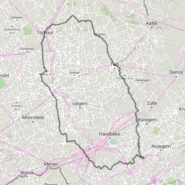 Miniature de la carte de l'inspiration cycliste "Circuit des dix villages" dans la Prov. West-Vlaanderen, Belgium. Générée par le planificateur d'itinéraire cycliste Tarmacs.app