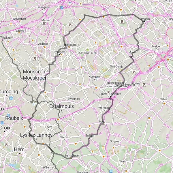 Miniatuurkaart van de fietsinspiratie "Fietsroute van Otegem naar Zwevegem" in Prov. West-Vlaanderen, Belgium. Gemaakt door de Tarmacs.app fietsrouteplanner