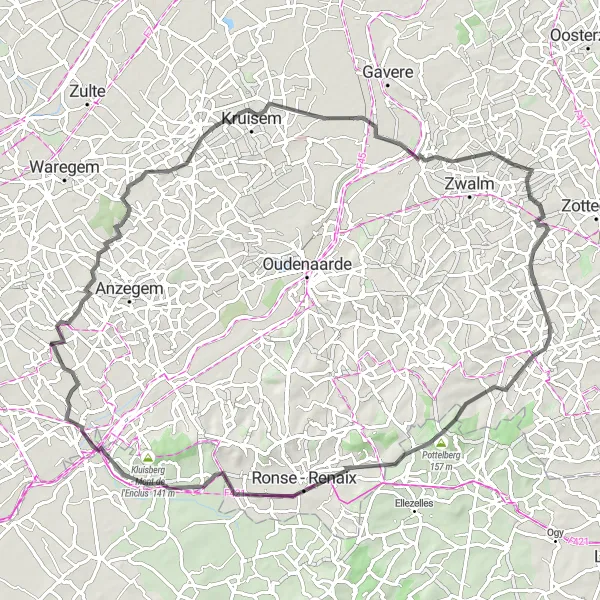 Map miniature of "Challenging Road Cycling Route from Otegem" cycling inspiration in Prov. West-Vlaanderen, Belgium. Generated by Tarmacs.app cycling route planner