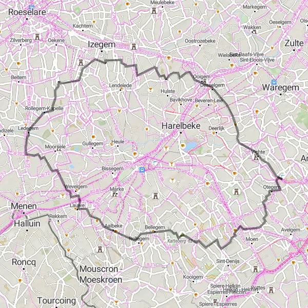 Karten-Miniaturansicht der Radinspiration "Aufregende Straßenroute von Otegem" in Prov. West-Vlaanderen, Belgium. Erstellt vom Tarmacs.app-Routenplaner für Radtouren