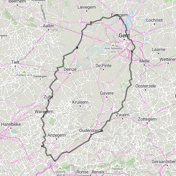 Miniatuurkaart van de fietsinspiratie "Historische route door Oost-Vlaanderen" in Prov. West-Vlaanderen, Belgium. Gemaakt door de Tarmacs.app fietsrouteplanner