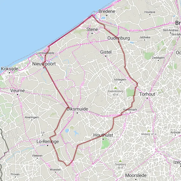 Miniatuurkaart van de fietsinspiratie "Gravel avontuur door West-Vlaanderen" in Prov. West-Vlaanderen, Belgium. Gemaakt door de Tarmacs.app fietsrouteplanner