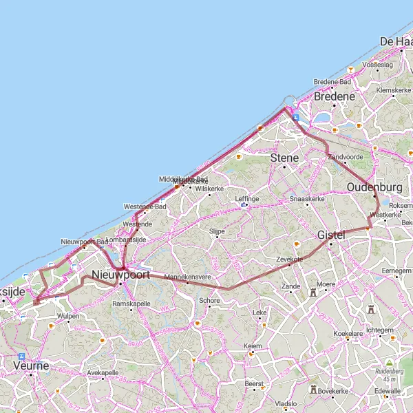 Map miniature of "Gistel to Oudenburg Gravel Adventure" cycling inspiration in Prov. West-Vlaanderen, Belgium. Generated by Tarmacs.app cycling route planner