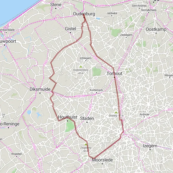 Map miniature of "Challenging Gravel Loop" cycling inspiration in Prov. West-Vlaanderen, Belgium. Generated by Tarmacs.app cycling route planner