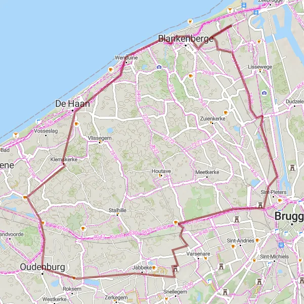 Miniature de la carte de l'inspiration cycliste "Les dunes et les plages de la côte belge" dans la Prov. West-Vlaanderen, Belgium. Générée par le planificateur d'itinéraire cycliste Tarmacs.app