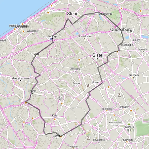 Map miniature of "Coastal Serenity" cycling inspiration in Prov. West-Vlaanderen, Belgium. Generated by Tarmacs.app cycling route planner